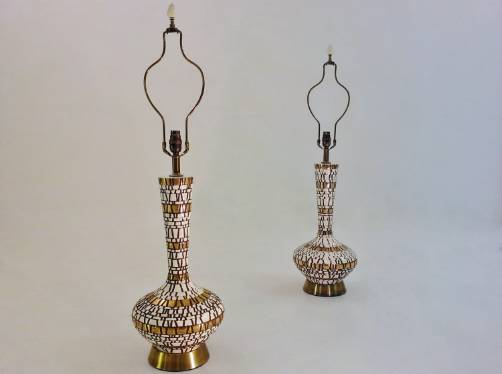 Pair vintage Modernist gold, white & brown ceramic table lamps, 1950`s ca, American